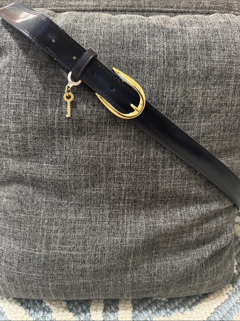 Vintage Roeckl Belt Gold Buckle Key Charm Black Burgundy blue